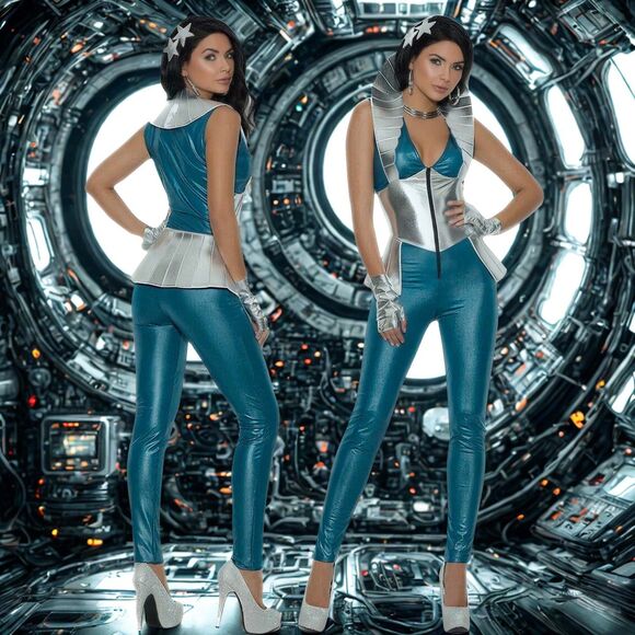 Galaxy Girl Catsuit Costume Womens Size L 3pc Blue Silver Spacesuit - Picture 1 of 7
